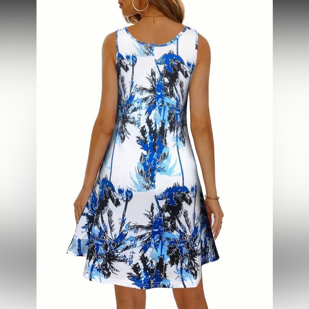 Blue and Black Palm Print Dress - Picture 2 of 5